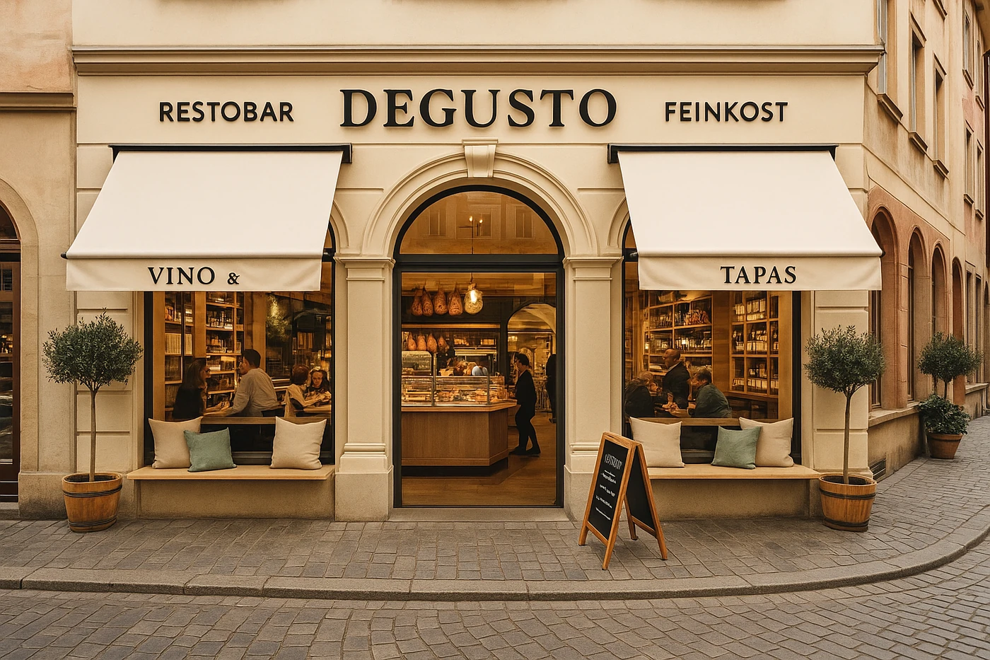 Visualisierung eines DEGUSTO-Ladenlokals in einer Altstadtgasse, mit Markisen und Rundbogenfenster